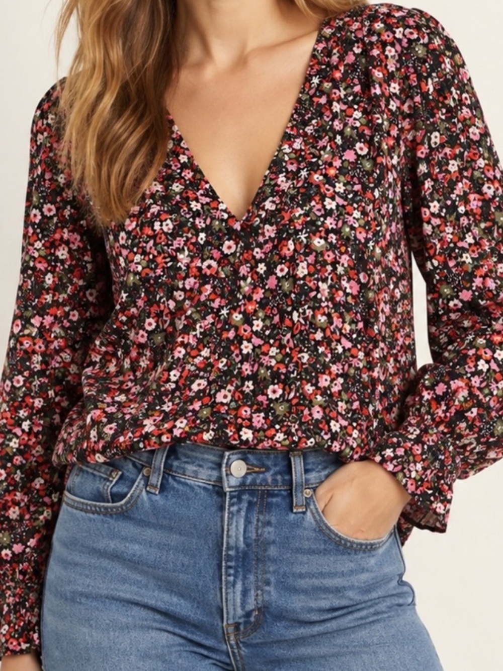 Boden Olive Floral V-Neck Blouse with Pink and White Flowers NWT - Picture 4 of 9